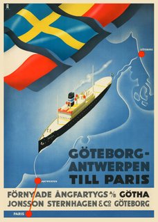 Göteborg-Paris. Götha Rederi Hans-Erik Ohlsén, 1934. Affisch, retro-poster, reseaffisch Vintage, turist poster turistaffisch, Sverigeaffisch, sverigeposter